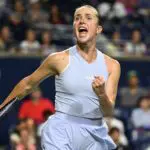 Elina Svitolina celebrates after defeating Ekaterina Alexandrova during quarter final play at Sobeys Stadium.