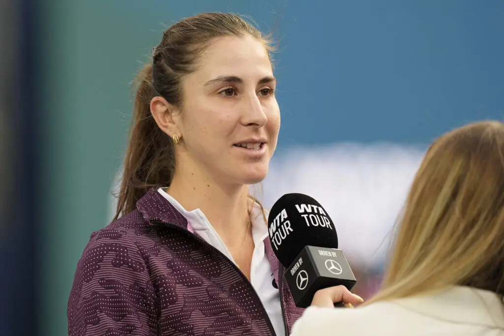 Belinda Bencic (SUI) is interviewed after withdrawing from her match against Coco Gauff (not pictured) due to a hip injury during the quarter finals at the National Bank Open at Sobeys Stadium.