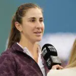 Belinda Bencic (SUI) is interviewed after withdrawing from her match against Coco Gauff (not pictured) due to a hip injury during the quarter finals at the National Bank Open at Sobeys Stadium.