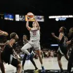 Washington Mystics guard Sonia Citron (22) shoots the ball against the Las Vegas Aces during the fourth quarter of a WNBA basketball game at Michelob Ultra Arena.