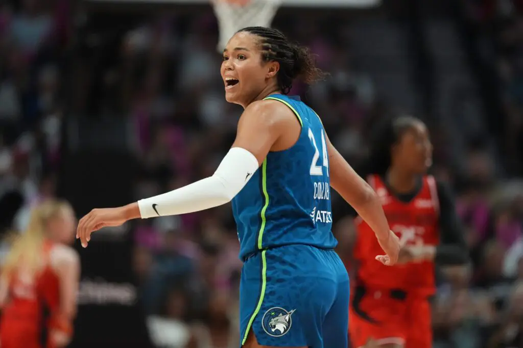 Minnesota Lynx forward Napheesa Collier (24) reacts during the second half against the Portland Fire at Moda Center.