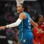 Minnesota Lynx forward Napheesa Collier (24) reacts during the second half against the Portland Fire at Moda Center.