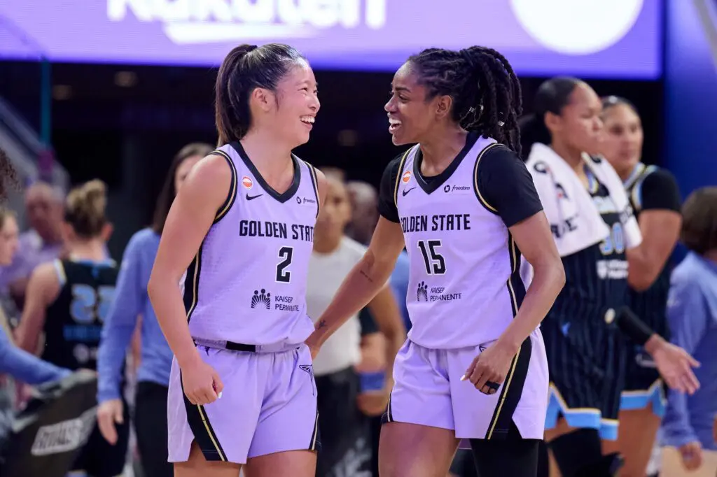 Golden State Valkyries guards Kaitlyn Chen (2) and Tiffany Hayes (15) celebrate at the end of the third quarter against the Chicago Sky at Chase Center.