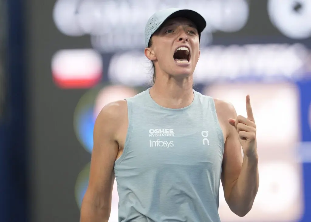 Iga Swiatek (POL) reacts after defeating Elena Rybakina (not pictured) during the National Bank Open final at Sobeys Stadium.