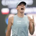 Iga Swiatek (POL) reacts after defeating Elena Rybakina (not pictured) during the National Bank Open final at Sobeys Stadium.