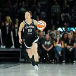 Las Vegas Aces guard Mai Yamamoto (18) dribbles against the Washington Mystics in the third quarter at Michelob Ultra Arena.