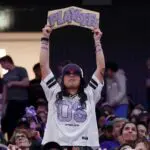 A Golden State Valkyries fan holds up a playoff sign during the game against the Dallas Wings in the fourth quarter at Chase Center.
