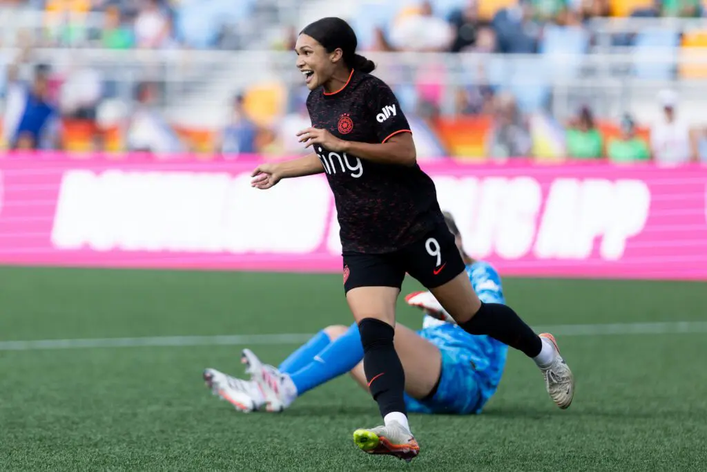 Portland Thorns FC forward Sophia Wilson (9) celebrates after scoring a goal in the first half against Boston Legacy FC.