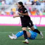 Portland Thorns FC forward Sophia Wilson (9) celebrates after scoring a goal in the first half against Boston Legacy FC.