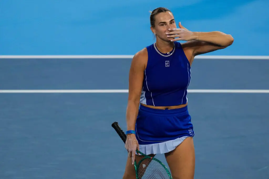 Aryna Sabalenka acknowledges fans after defeating Xinyu Wang (CHN) during the Cincinnati Open at Lindner Family Tennis Center.