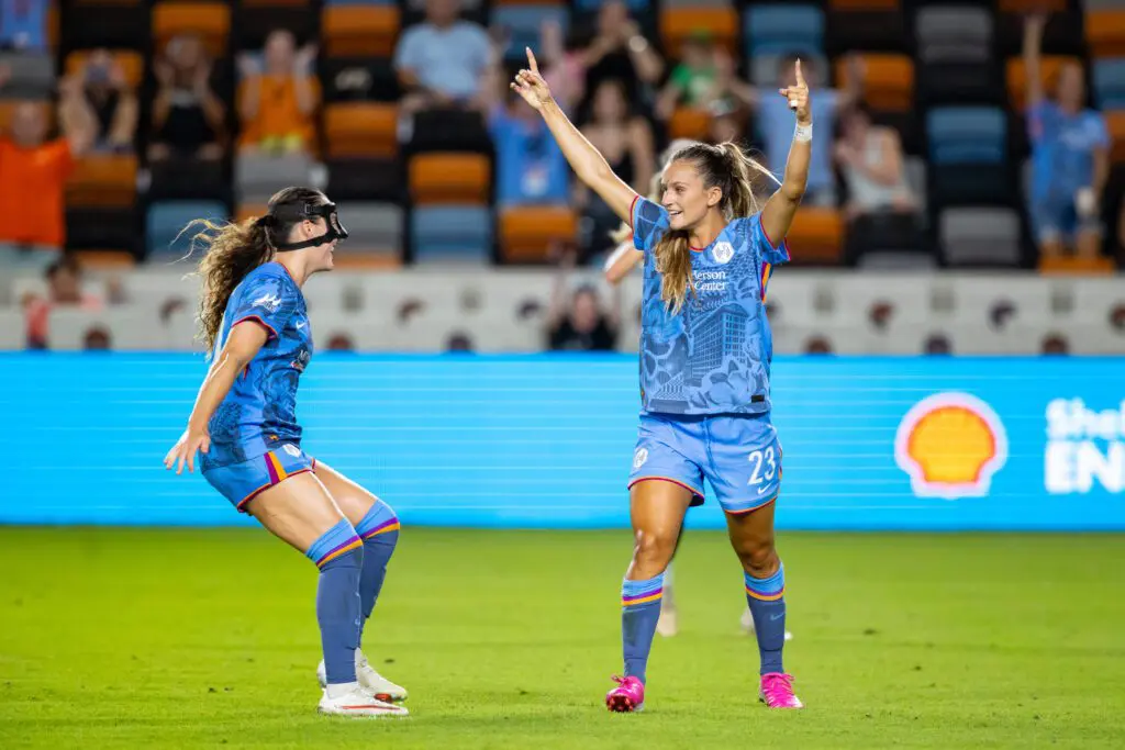Houston Dash midfielder Linda Ullmark (30) and forward Kate Faasse (23) celebrate a goal during the second half of a game against the Chicago Stars FC.