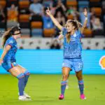 Houston Dash midfielder Linda Ullmark (30) and forward Kate Faasse (23) celebrate a goal during the second half of a game against the Chicago Stars FC.