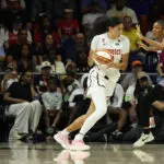 Washington Mystics center Lauren Betts (51) drives to the basket as Toronto Tempo forward Teonni Key (7) defends in the first half at CareFirst Arena.