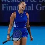 Aryna Sabalenka reacts after returning a shot against Sara Bejlek (CZE) during the Cincinnati Open at Lindner Family Tennis Center.