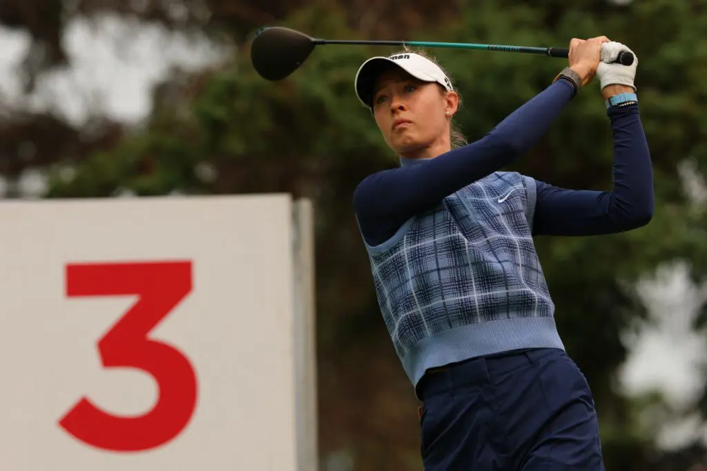 Nelly Korda hits her tee shot from the third tee during the third round of the CPKC Women's Open golf tournament at Royal Mayfair Golf Club.