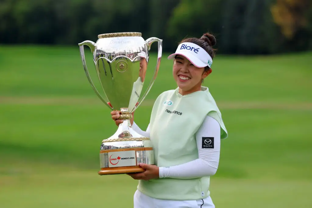 Miyu Yamashita celebrates her win of the CPKC Women's Open after the final round of the CPKC Women's Open golf tournament at Royal Mayfair Golf Club.