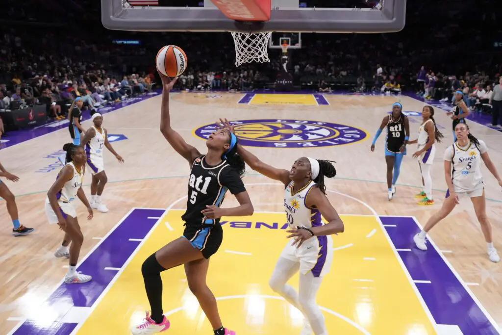 Atlanta Dream forward Angel Reese (5) shoots the ball in the second half against LA Sparks forward Nneka Ogwumike (30) at Crypto.com Arena.