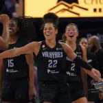Golden State Valkyries guard Veronica Burton (22), guard Tiffany Hayes (15), and guard Kaitlyn Chen (2) congratulate their teammates during a game against the Dallas Wings in the second quarter at Chase Center.