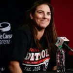 Hilary Knight, a forward acquired to play for PWHL Detroit, speaks to the media during a press conference at Little Caesars Arena in Detroit on Tuesday.