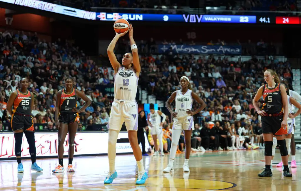 Golden State Valkyries forward Janelle Salaun (13) shoots a fragment foul shot against the Connecticut Sun in the first half at Mohegan Sun Arena.