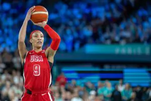 A'Ja Wilson #9 of Team United States at the free throw line during the United States of America v France, Women's Basketball Gold Medal Game at the Bercy Arena during the Paris 2024 Summer Olympic Games on August 11th, 2024 in Paris, France.