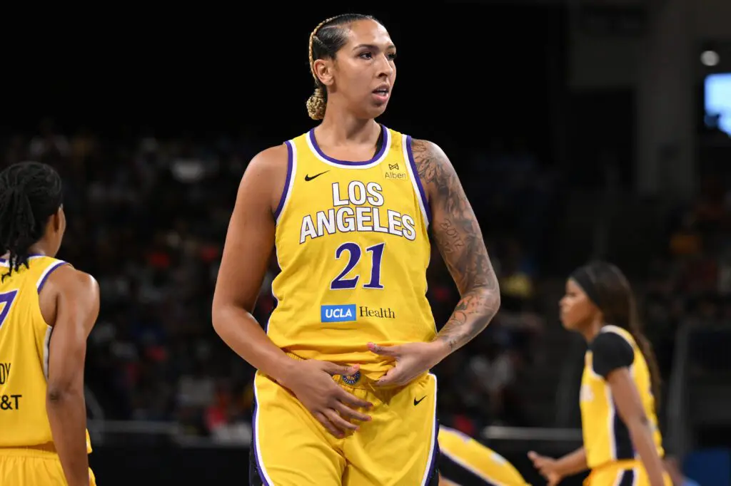 Mercedes Russell #21 of the Los Angeles Sparks looks on against the Chicago Sky at Wintrust Arena on June 24, 2025 in Chicago, Illinois.