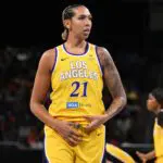 Mercedes Russell #21 of the Los Angeles Sparks looks on against the Chicago Sky at Wintrust Arena on June 24, 2025 in Chicago, Illinois.