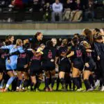The Stanford Cardinal huddle before a second round soccer match of the NCAA tournament between the Alabama Crimson Tide and Stanford Cardinal.