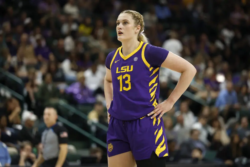 Kate Koval #13 of the LSU Tigers walks backcourt during the first half of a game against the Tulane Green Wave at Avron B. Fogelman Arena on November 17, 2025 in New Orleans.