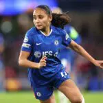 Alyssa Thompson of Chelsea during the UEFA Women's Champions League 2025/26 Quarter-finals Second Leg match between Chelsea and Arsenal at Stamford Bridge on April 1, 2026 in London, England.