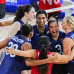 Players of the United States celebrate after scoring a point during the pool 5 match between the United States and Serbia in week 2 of the Women's Volleyball Nations League VNL 2026 in Pasig City, the Philippines.