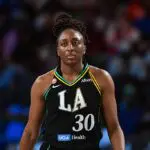 Los Angeles forward Nneka Ogwumike (30) reacts during the WNBA game between the Los Angeles Sparks and the Atlanta Dream.