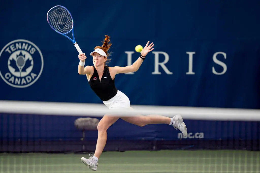 Maya Joint of Australia returns a shot during her match at the WTA National Bank Open tournament on August 5, 2026 at Sobeys Stadium.