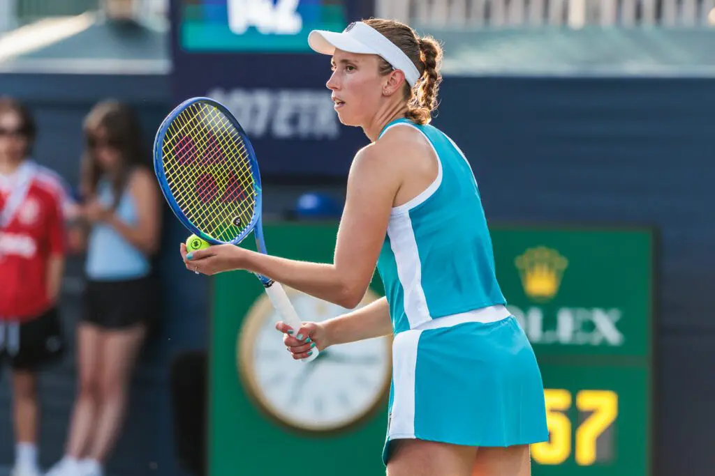 Elise Mertens (BEL) is seen during a women's singles third round match at the WTA 1000 National Bank Open on August 07, 2026 at Sobeys Stadium in Toronto, ON.