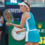 Elise Mertens (BEL) is seen during a women's singles third round match at the WTA 1000 National Bank Open on August 07, 2026 at Sobeys Stadium in Toronto, ON.