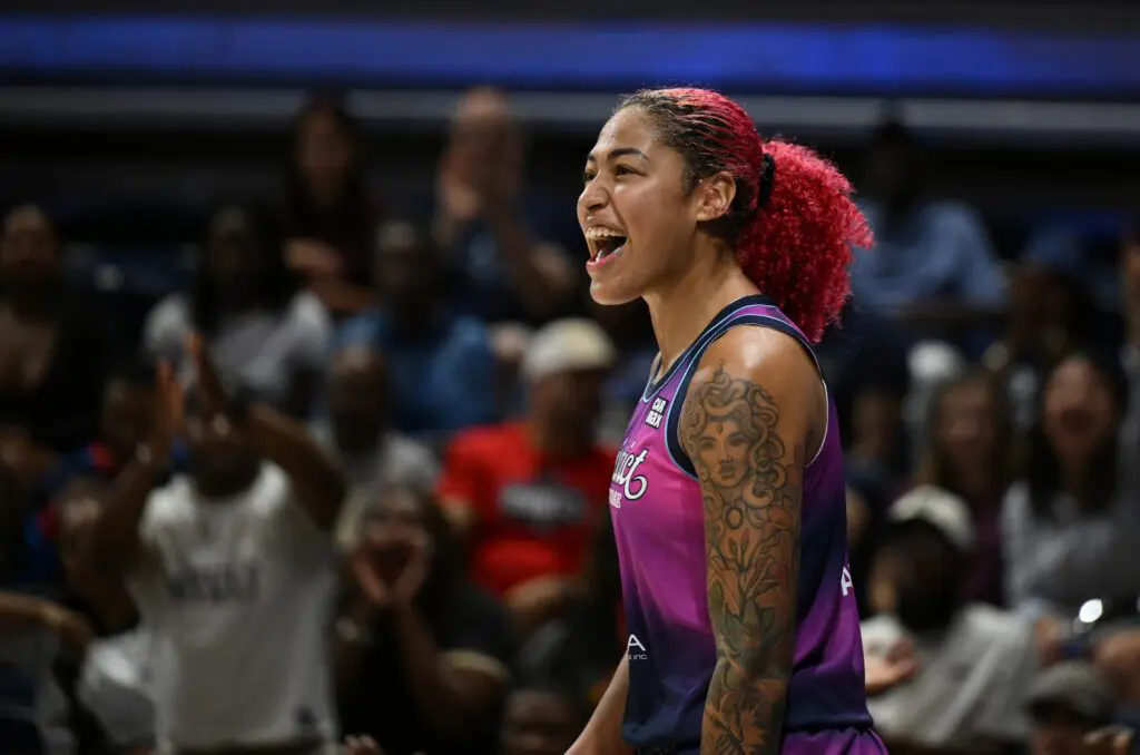 Shakira Austin #0 of the Washington Mystics celebrates during the game against the Dallas Wings at CareFirst Arena.