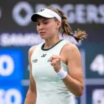 Elena Rybakina of Kazakhstan in action against Liudmila Samsonova in the fourth round on Day 8 of the National Bank Open at Sobeys Stadium.