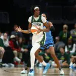 Dominique Malonga #14 of the Seattle Storm handles the ball during the game against the Chicago Sky on August 10, 2026 at Climate Pledge Arena in Seattle, Washington.