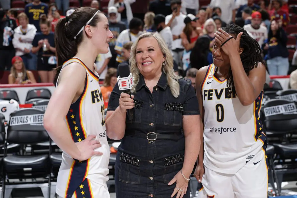 Caitlin Clark #22 of the Indiana Fever is interviewed by Holly Rowe after the game against the Chicago Sky on August 8, 2026 at the United Center in Chicago, IL.