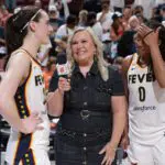 Caitlin Clark #22 of the Indiana Fever is interviewed by Holly Rowe after the game against the Chicago Sky on August 8, 2026 at the United Center in Chicago, IL.
