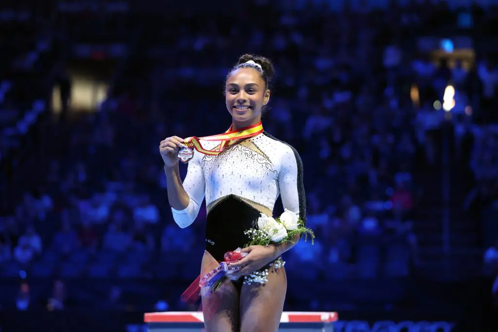 All around champion Hezly Rivera poses after the 2026 Xfinity U.S. Gymnastics Championships at Mortgage Matchup Center.