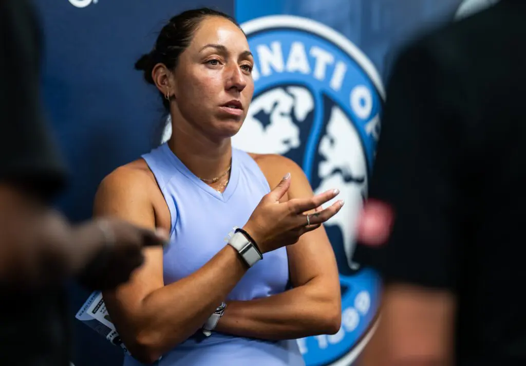 Jessica Pegula of the United States talks to the media after defeating Simona Waltert of Switzerland in the second round of the Cincinnati Open on Day 5 at Lindner Family Tennis Center.