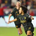 Mina Tanaka #11 of Utah Royals celebrates scoring the team's third goal during the NWSL match between Utah Royals an Bay FC at America First Field.