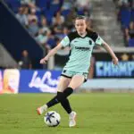 Rose Lavelle #16 of NJ/NY Gotham FC on the ball during the second half against the Kansas City Current at Sports Illustrated Stadium on August 14, 2026 in Harrison, New Jersey.