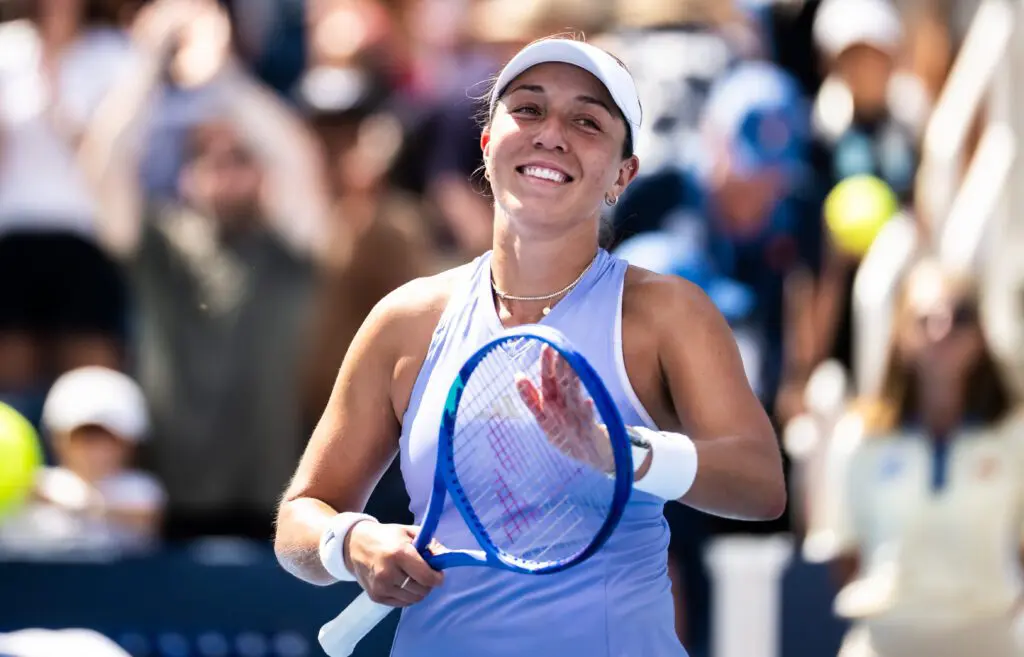 Jessica Pegula of the United States celebrates defeating Amanda Anisimova of the United States in the quarter-final on Day 10 of the Cincinnati Open at Lindner Family Tennis Center.
