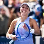 Jessica Pegula of the United States celebrates defeating Amanda Anisimova of the United States in the quarter-final on Day 10 of the Cincinnati Open at Lindner Family Tennis Center.