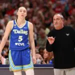 Head Coach Jose Fernandez and Paige Bueckers #5 of the Dallas Wings talks during the game against the Indiana Fever on August 20, 2026 at the American Airlines Center in Dallas, TX.