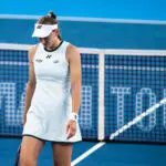 Elena Rybakina of Kazakhstan in action against Iga Swiatek of Poland in the quarter-final on Day 10 of the Cincinnati Open at Lindner Family Tennis Center.
