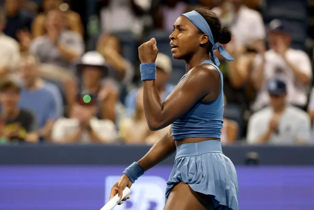 Coco Gauff of the United States celebrates while playing Liudmila Samsonova during day six of the Cincinnati Open at the Lindner Family Tennis Center.