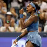 Coco Gauff of the United States celebrates while playing Liudmila Samsonova during day six of the Cincinnati Open at the Lindner Family Tennis Center.